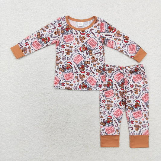 BLP0676 Gingerbread Candy Cane Print Boys Christmas Bamboo Pajamas Clothes Set