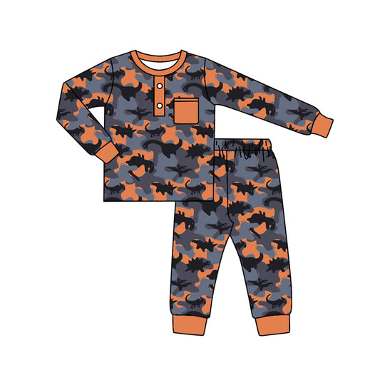 (Pre-order)BLP0682 Camo Dino Print Boys Fall Pajamas Clothes Set