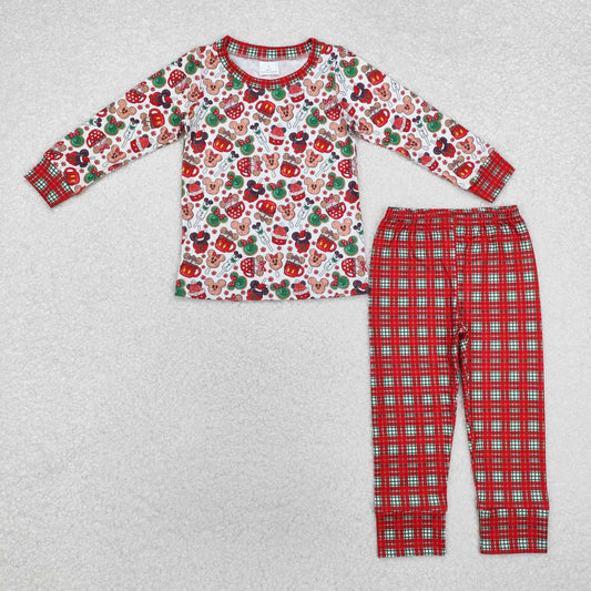 BLP0695 Cartoon Mouse Cookie Candy Top Plaid Pants Boys Christmas Pajamas Clothes Set