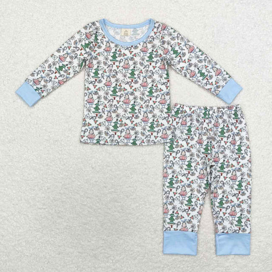 BLP0699  Cartoon Girl Holly Tree Print Kids Christmas Bamboo Pajamas Clothes Set