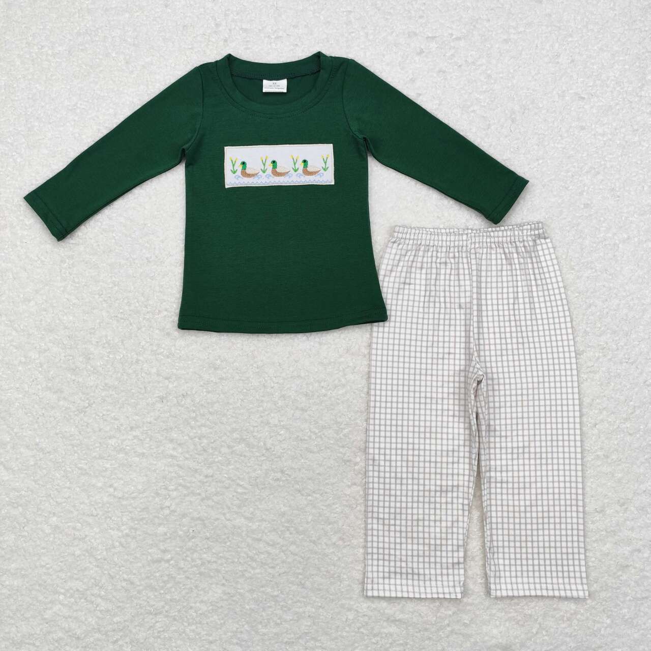 BLP0717 Duck Embroidery Green Top Plaid Pants Boys Fall Clothes Set