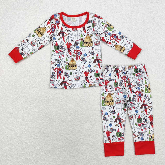 BLP0722 Cartoon Shelf Print Boys Christmas Bamboo Pajamas Clothes Set