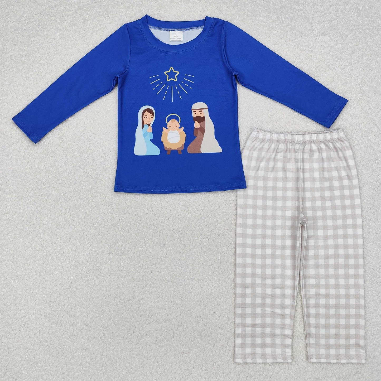 BLP0723 Nativity Blue Top Plaid Pants Boys Christmas Clothes Set