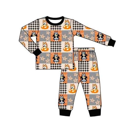 (Pre-order)BLP0728 Cartoon Dog Plaid Print Boys Halloween Pajamas Clothes Set