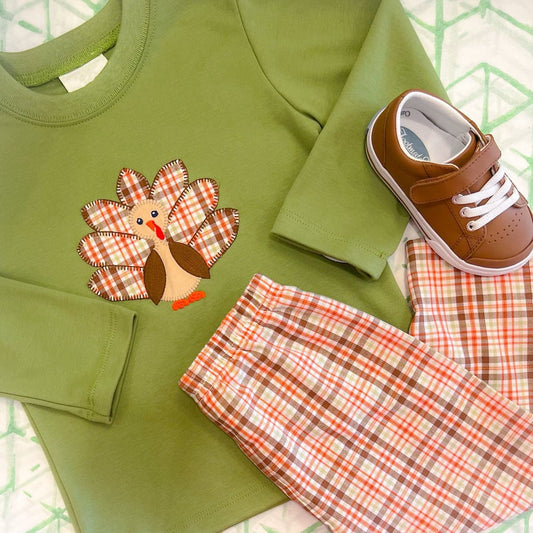 (Pre-order)BLP0731 Turkey Green Top Plaid Pants Boys Thanksgiving Clothes Set