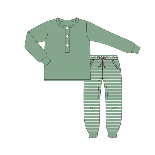 (Pre-order)BLP0737 Green Top Stripes Pants Boys Fall Clothes Set