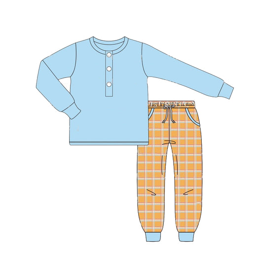 (Pre-order)BLP0738 Blue Top Orange Plaid Pants Boys Fall Clothes Set