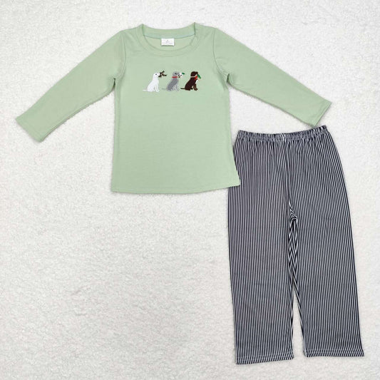 BLP0741 Dog Hunting Embroidery Green Top Stripes Pants Boys Fall Clothes Set