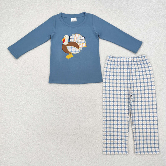 BLP0742 Turkey Embroidery Blue Top Plaid Pants Boys Thanksgiving Clothes Set