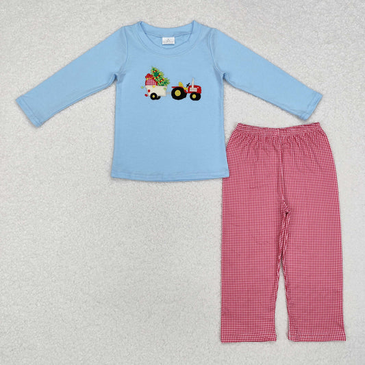 BLP0745 Tractors Tree Embroidery Blue Top Plaid Pants Boys Christmas Clothes Set