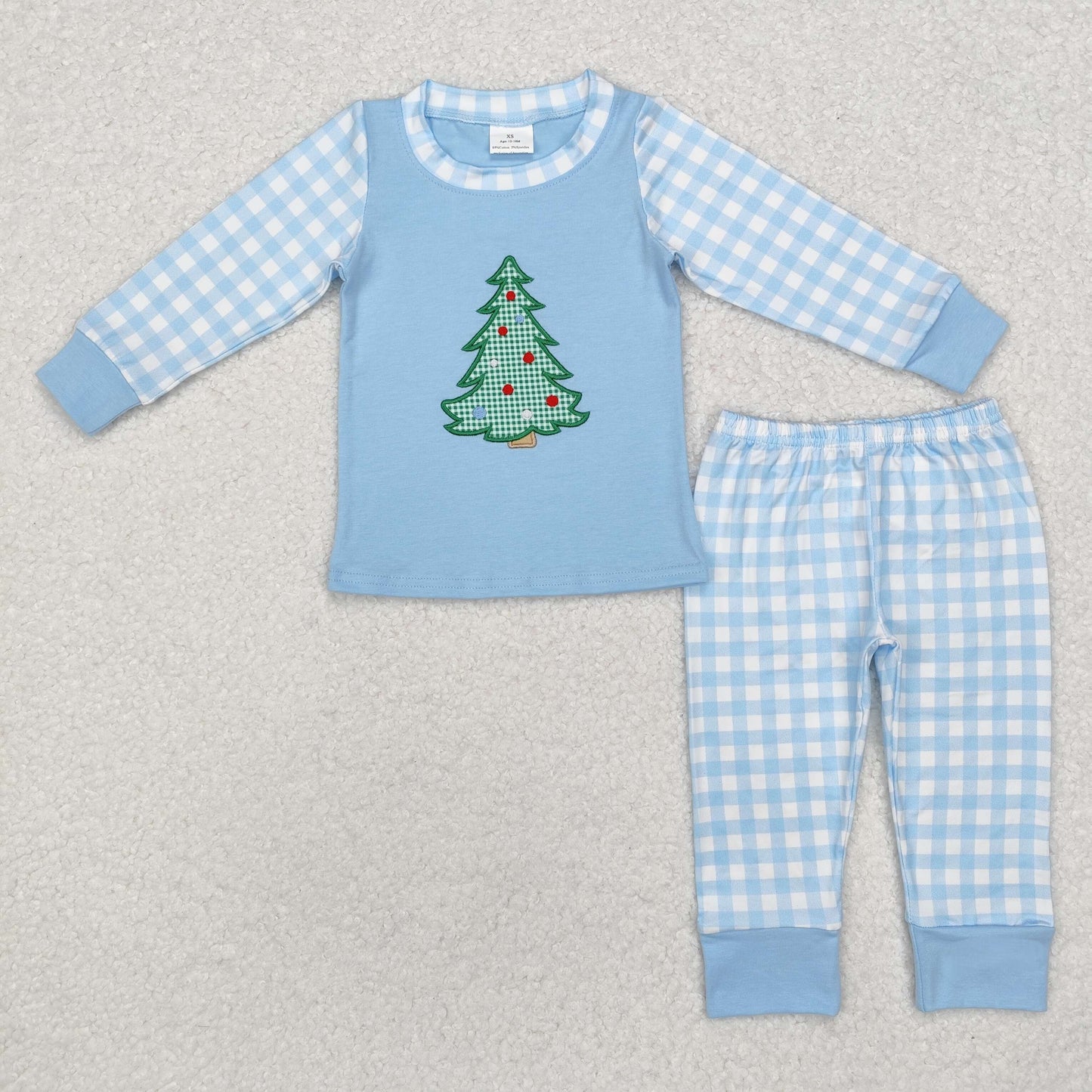 BLP0749 Christmas Tree Embroidery Blue Plaid Print Boys Christmas Pajamas Clothes Set