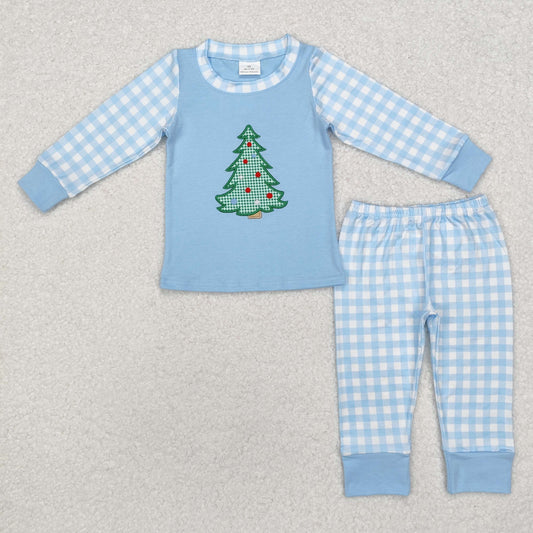 BLP0749 Christmas Tree Embroidery Blue Plaid Print Boys Christmas Pajamas Clothes Set