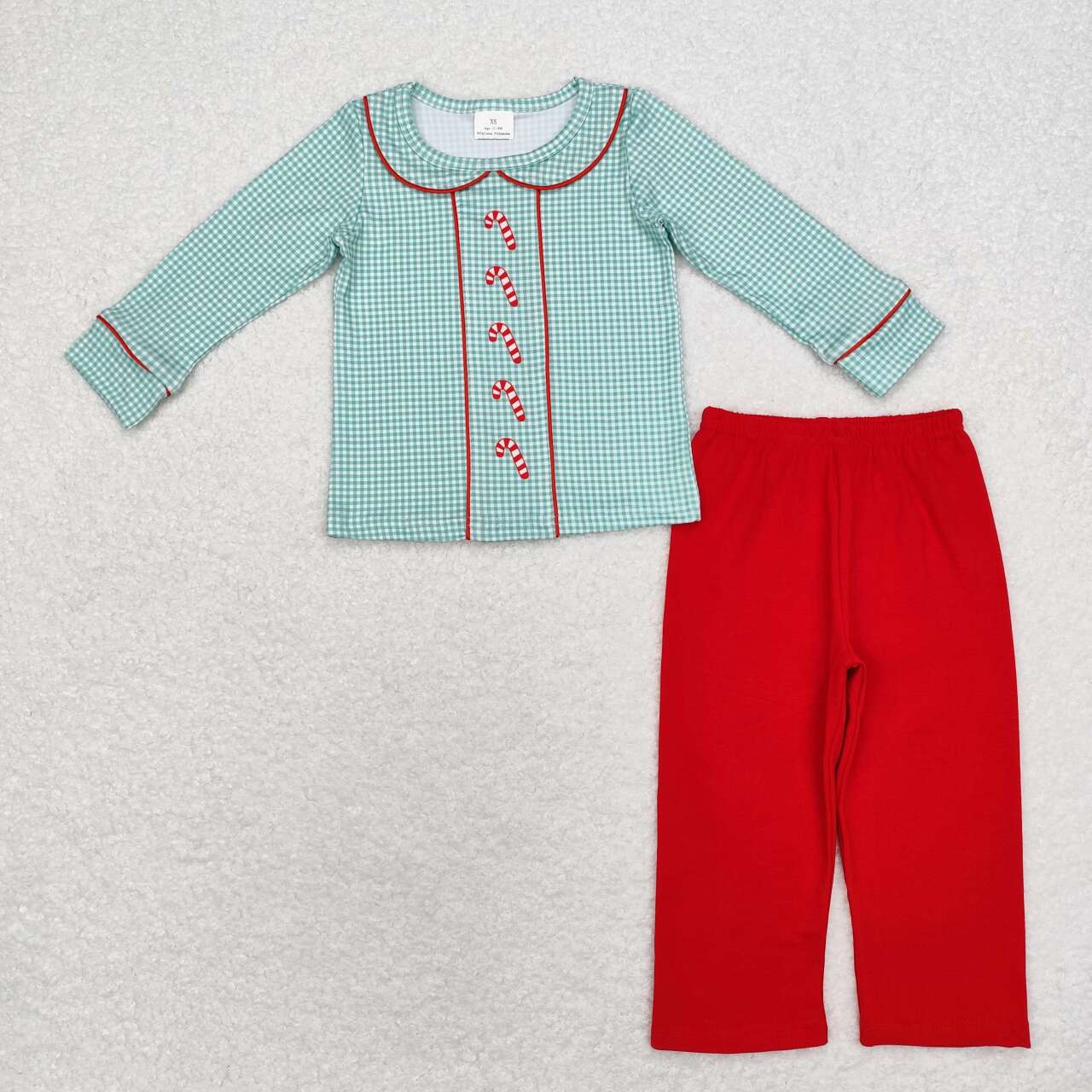 BLP0752 Candy Cane Green Plaid Top Red Pants Boys Christmas Clothes Set