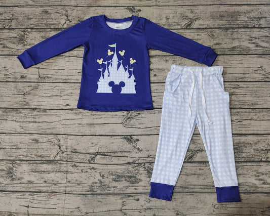 (Pre-order)BLP0753 Cartoon Castle Navy Top Plaid Pants Boys Fall Clothes Set