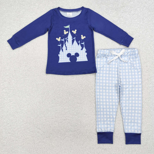 BLP0753 Cartoon Castle Blue Top Plaid Pants Boys Fall Clothes Set