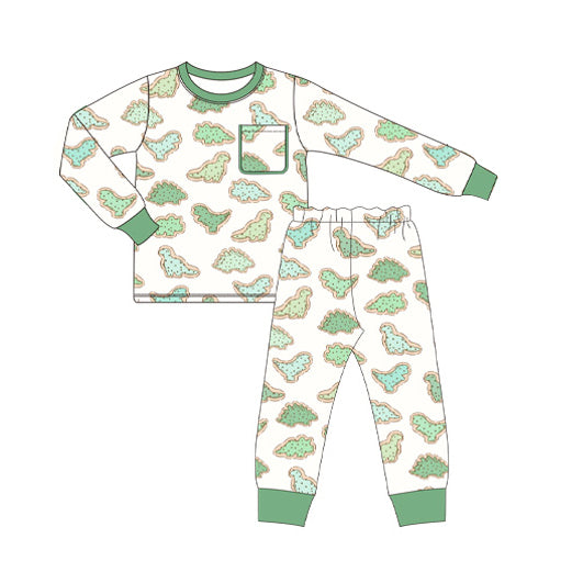 (Pre-order)BLP0755 Green Dino Cookie Print Boys Fall Pajamas Clothes Set