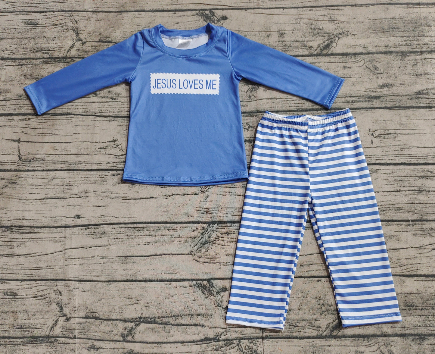 (Pre-order)BLP0766 Jesus Loves Me Blue Top Stripes Pants Boys Fall Clothes Set