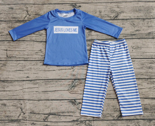 (Pre-order)BLP0766 Jesus Loves Me Blue Top Stripes Pants Boys Fall Clothes Set