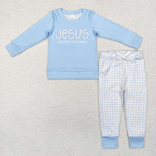 BLP0767 Jesus Blue Top Plaid Pants Boys Fall Clothes Set