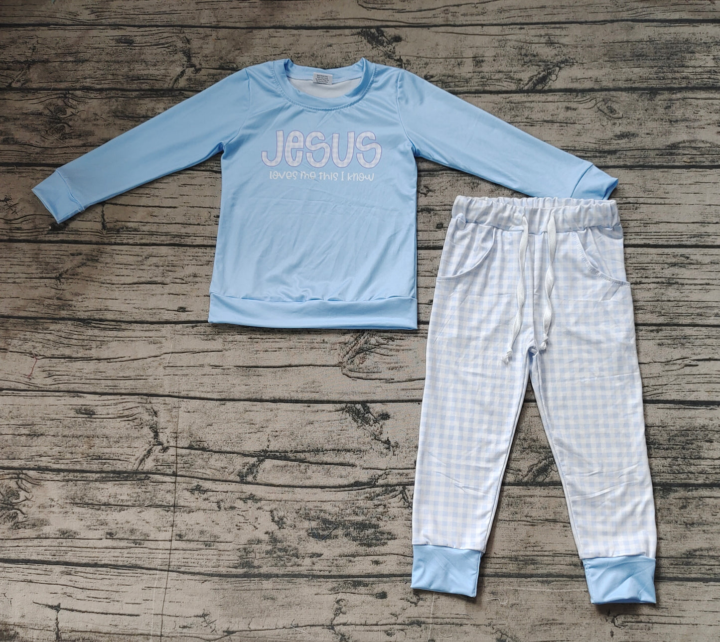 (Pre-order)BLP0767 Jesus Blue Top Plaid Pants Boys Fall Clothes Set