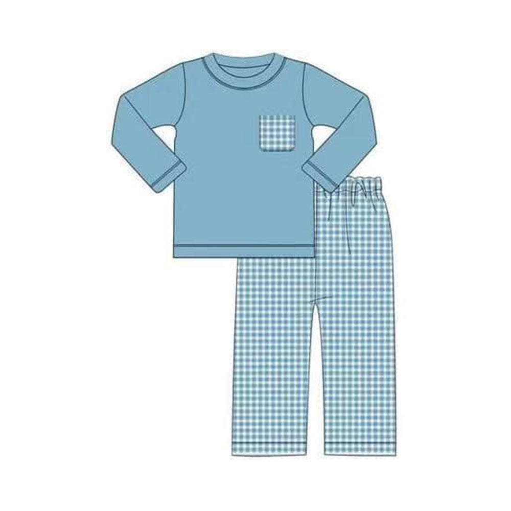 (Pre-order)BLP0770 Blue Pocket Top Plaid Pants Boys Fall Clothes Set