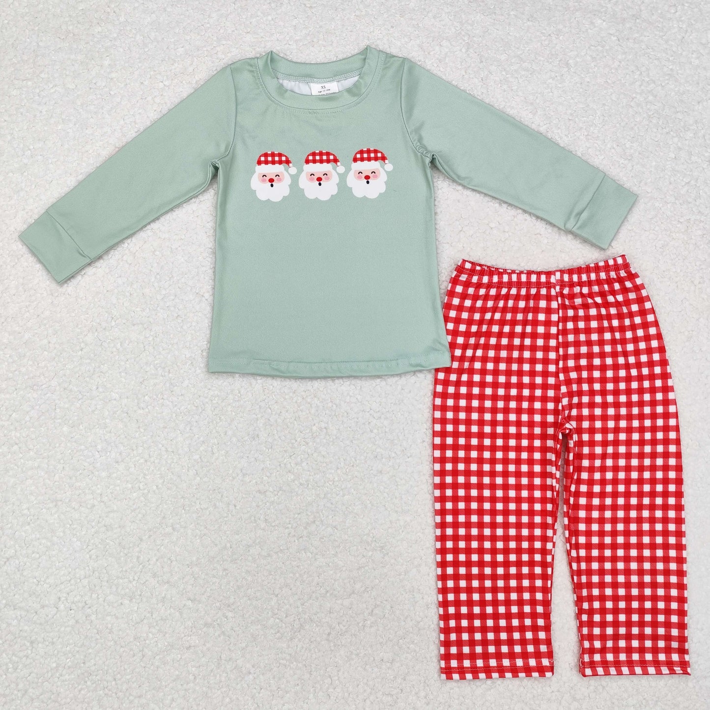 BLP0774 Santa Green Top Red Plaid Pants Boys Christmas Clothes Set