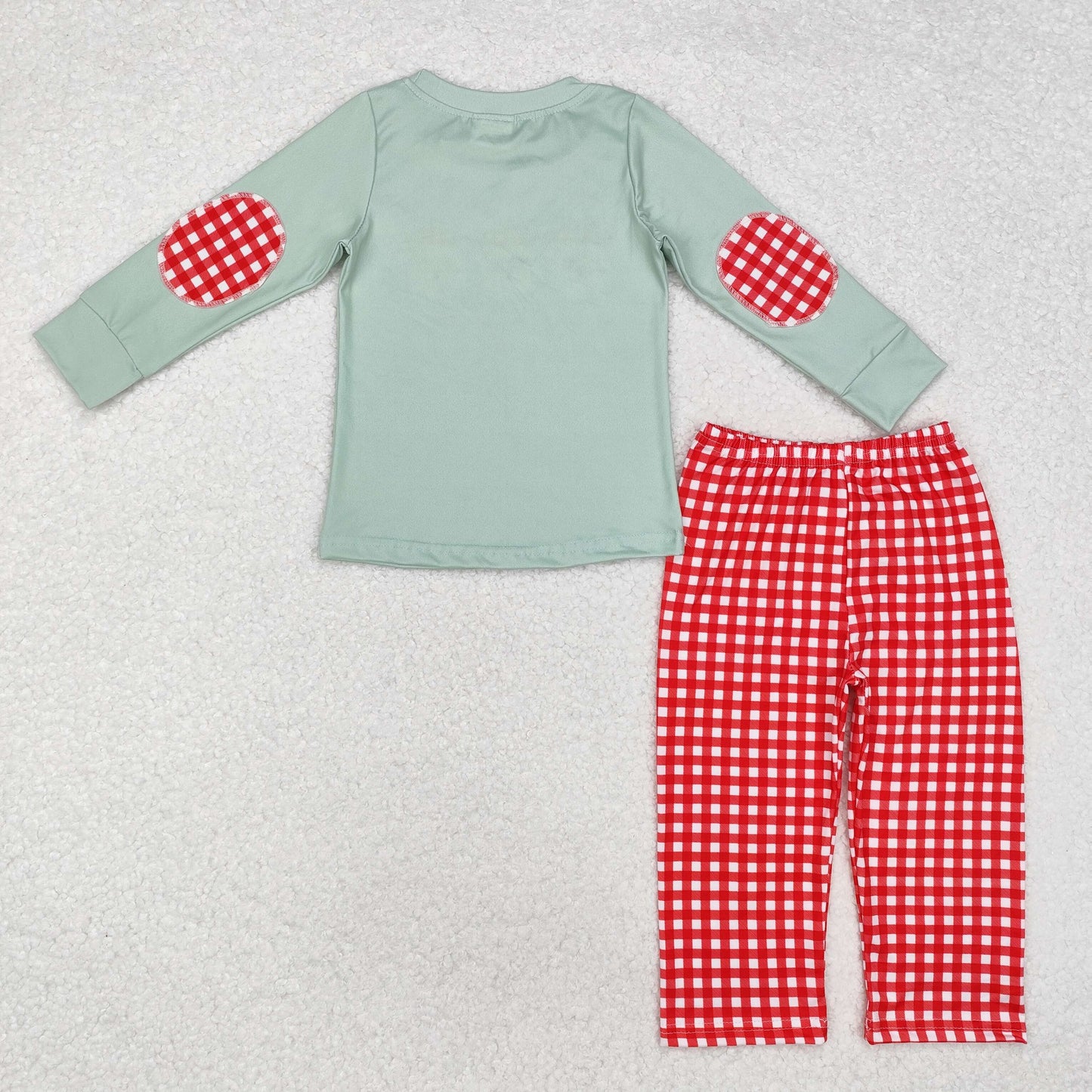 BLP0774 Santa Green Top Red Plaid Pants Boys Christmas Clothes Set