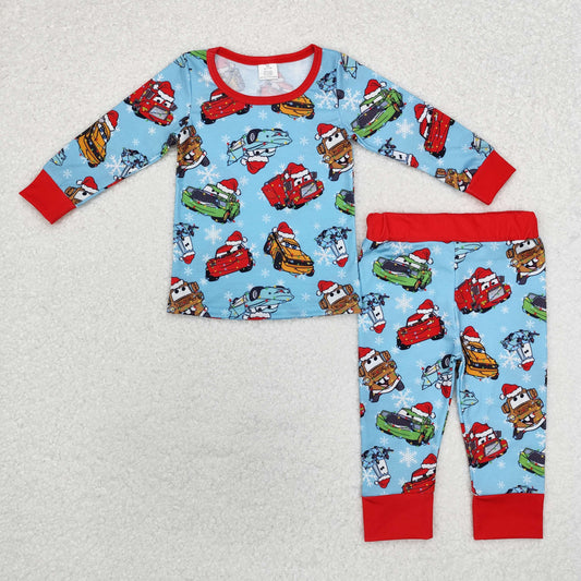 BLP0776 Cartoon Cars Blue Print Boys Christmas Bamboo Pajamas Clothes Set