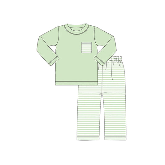 (Pre-order)BLP0779 Green Pocket Top Stripes Pants Boys Fall Clothes Set