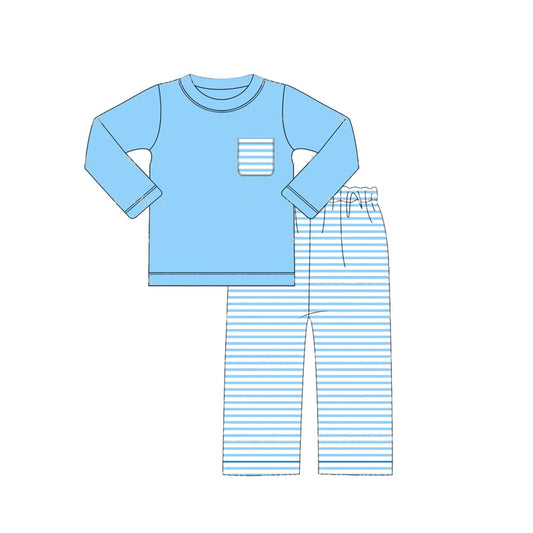 (Pre-order)BLP0780 Blue Pocket Top Stripes Pants Boys Fall Clothes Set