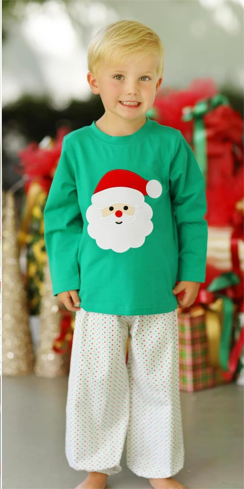 (Pre-order)BLP0785 Santa Green Top Dots Pants Boys Christmas Clothes Set