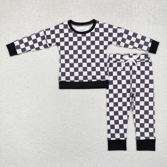 BLP0786 Black Plaid Print Kids Fall Pajamas Clothes Set