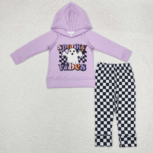 BLP0792 SPOOKY VIBES Purple Hoodie Top Black Plaid Pants Kids Halloween Clothes Set