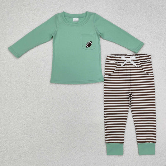 BLP0793 Football Embroidery Pocket Green Top Stripes Pants Boys Fall Clothes Set