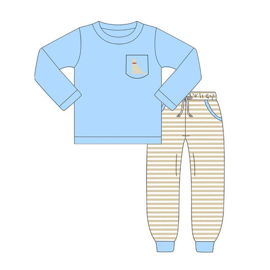 (Pre-order)BLP0794 Blue Dog Pocket Top Stripes Pants Boys Fall Clothes Set