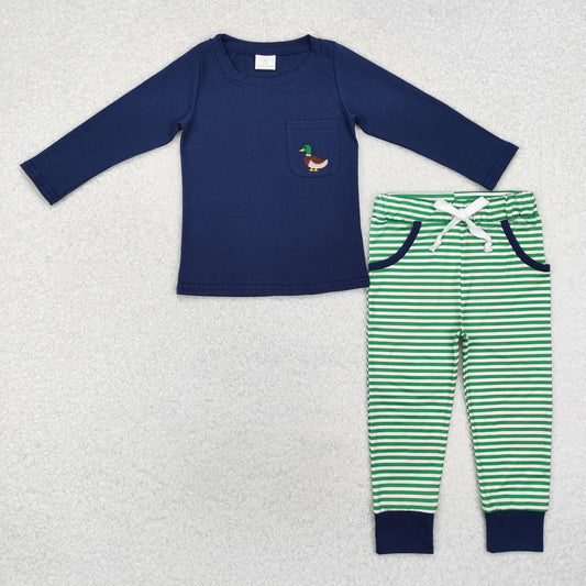 BLP0795 Duck Embroidery Pocket Navy Top Stripes Pants Boys Fall Clothes Set