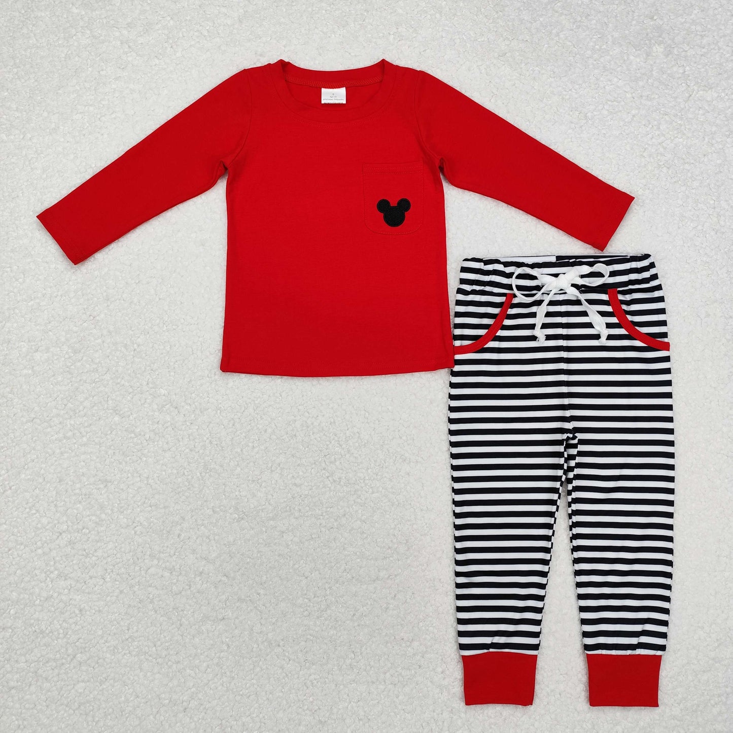 BLP0796 Red Mouse Embroidery Pocket Top Stripes Pants Boys Clothes Set