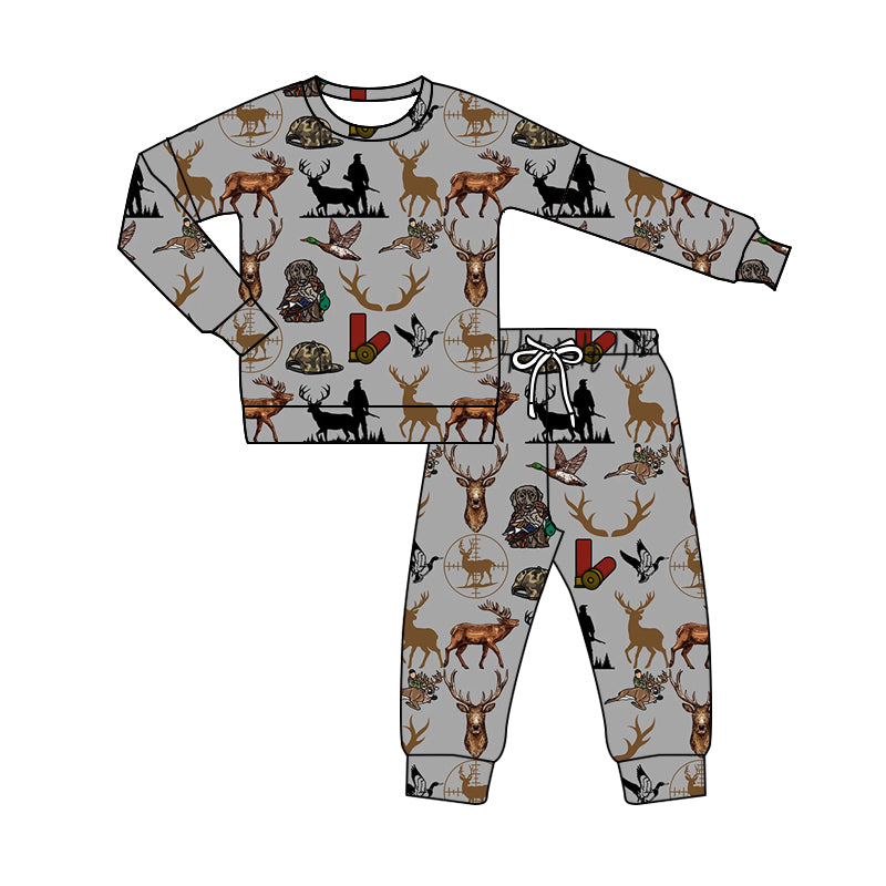 (Pre-order)BLP0799 Duck Dog Deer Hunting Print Boys Fall Pajamas Clothes Set