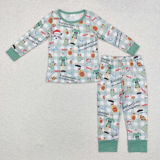 BLP0804 Christmas Shelf Green Plaid Print Boys Bamboo Pajamas Clothes Set