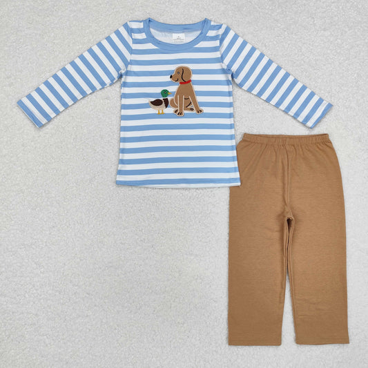 BLP0805 Dog Duck Embroidery Blue Stripes Top Pants Boys Fall Clothes Set