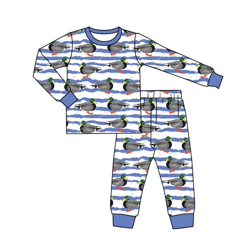 (Pre-order)BLP0806 Duck Blue Stripes Print Boys Fall Pajamas Clothes Set