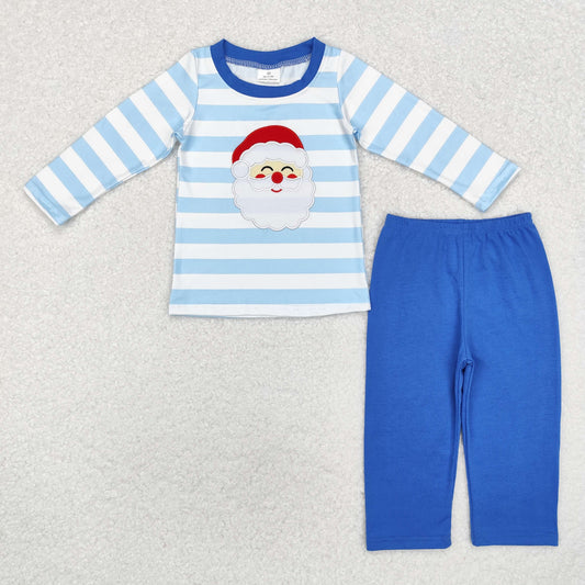 BLP0810 Santa Embroidery Blue Stripes Print Boys Christmas Pajamas Clothes Set