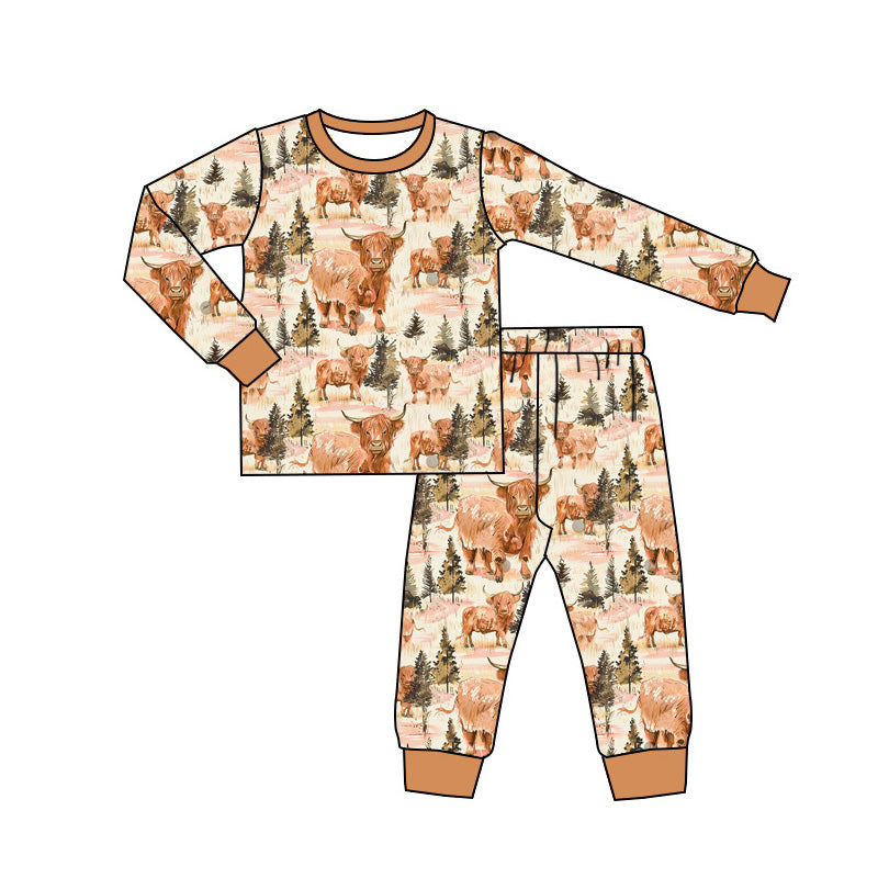 (Pre-order)BLP0813 Highland Cow Print Kids Fall Pajamas Clothes Set