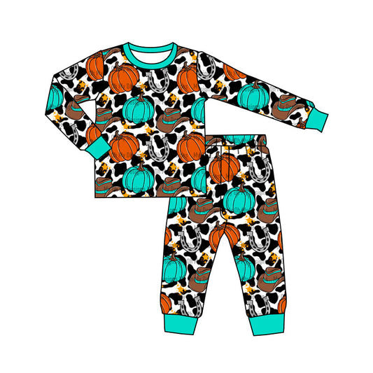 (Pre-order)BLP0814 Pumpkin Western Print Kids Fall Pajamas Clothes Set