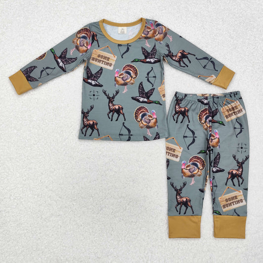 BLP0819 Duck Turkey Deer GONE HUNTING Print Boys Fall Bamboo Pajamas Clothes Set