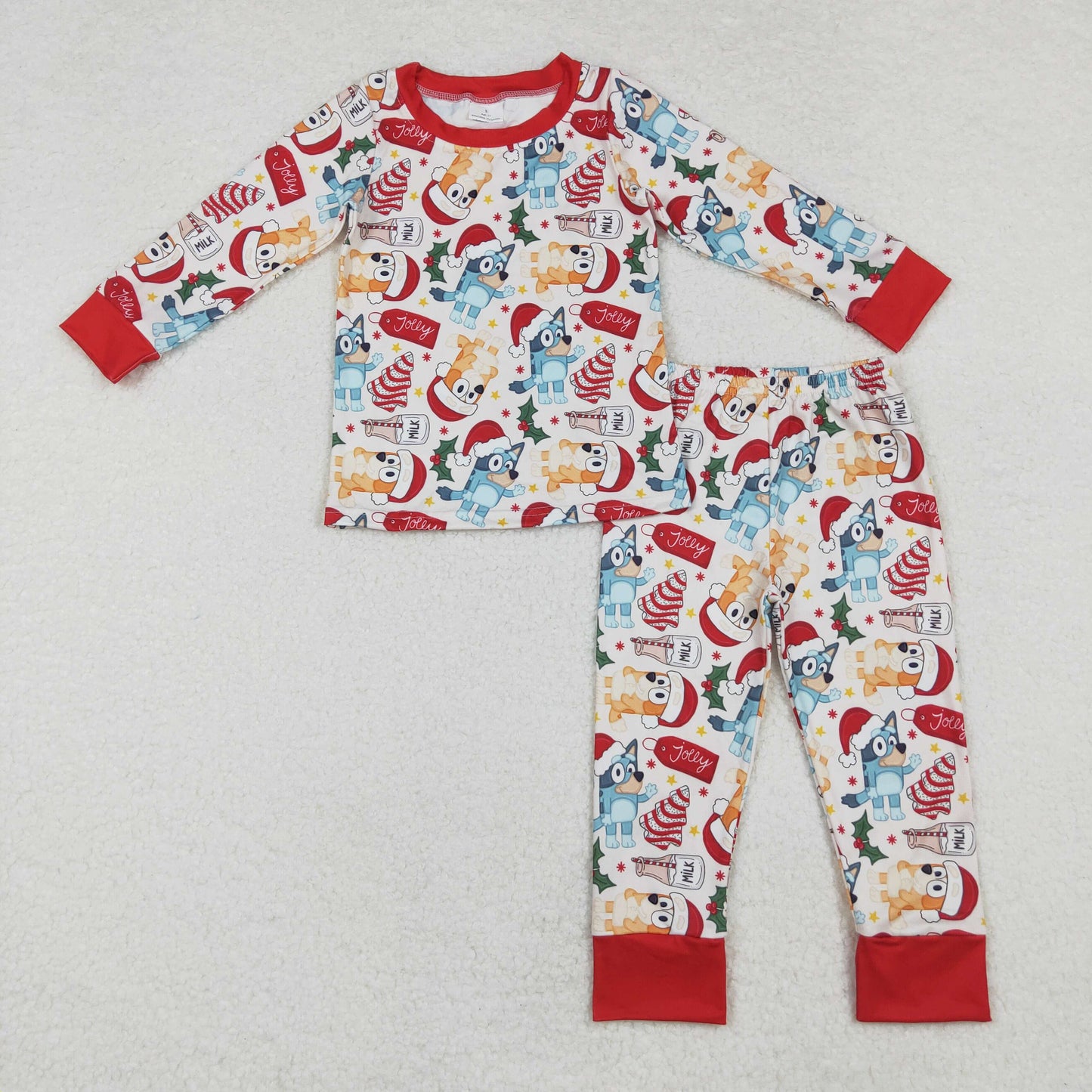 BLP0821 Cartoon Dog Milk Holly Print Boys Christmas Pajamas Clothes Set