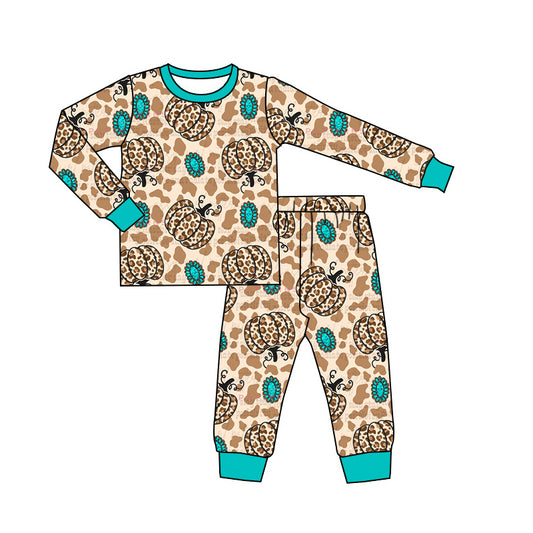 (Pre-order)BLP0824 Pumpkin Leopard Turquoise Print Kids Fall Pajamas Clothes Set