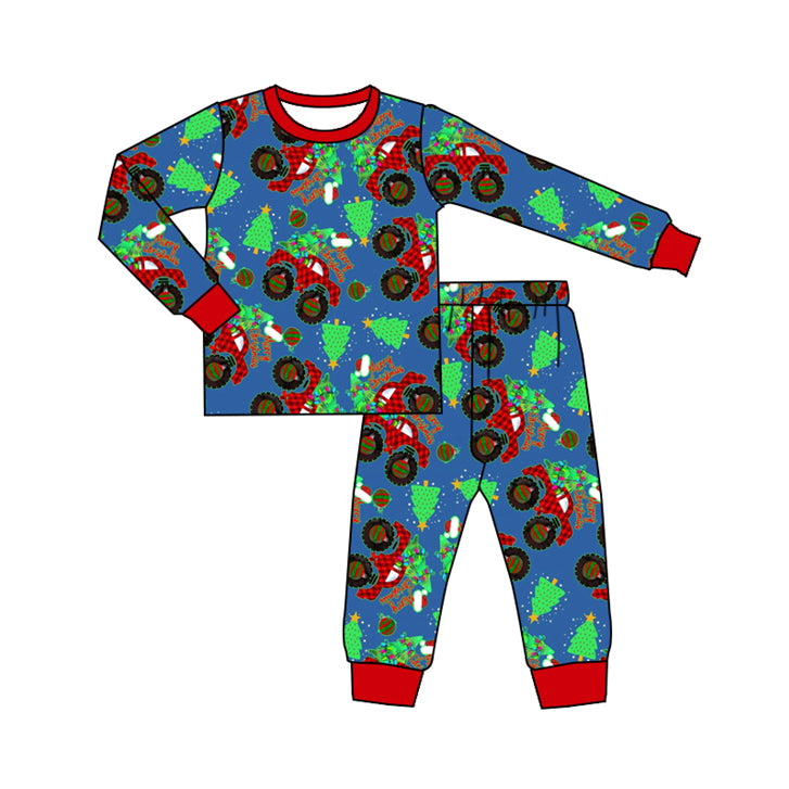 (Pre-order)BLP0827 Monster Trucks Christmas Tree Print Kids Pajamas Clothes Set