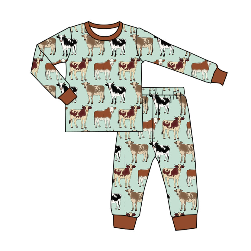 (Pre-order)BLP0829 Cows Print Kids Fall Pajamas Clothes Set