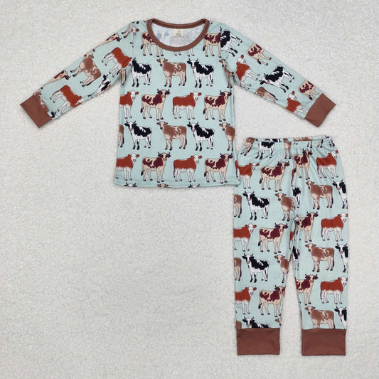 BLP0829 Cows Print Kids Western Fall Bamboo Pajamas Clothes Set